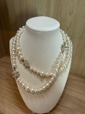 CHANEL Double-Strand Faux Pearl Necklace with Logo Charms - White